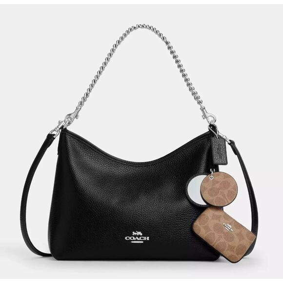 Last 2‼️COACH CBI94 Laurel Shoulder Bag Mirror Charm and Pouch Black/Tan - Picture 1 of 15